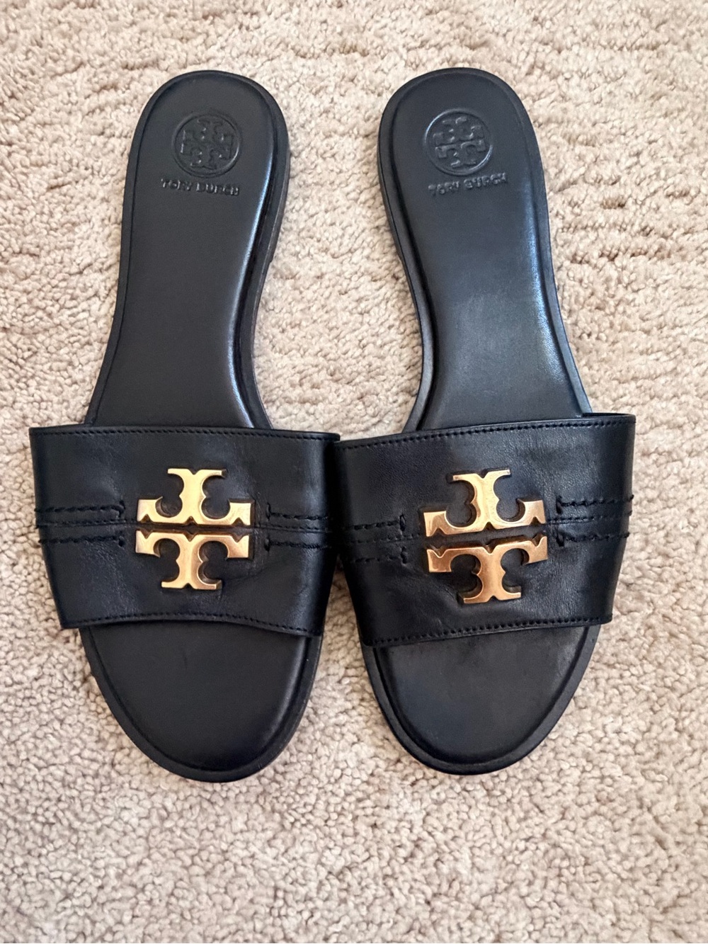 Tory Burch Black Leather Slide Sandals with Gold Logo